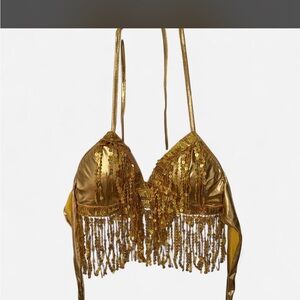 Glamorous Gold Sequin Fringe Bikini Top